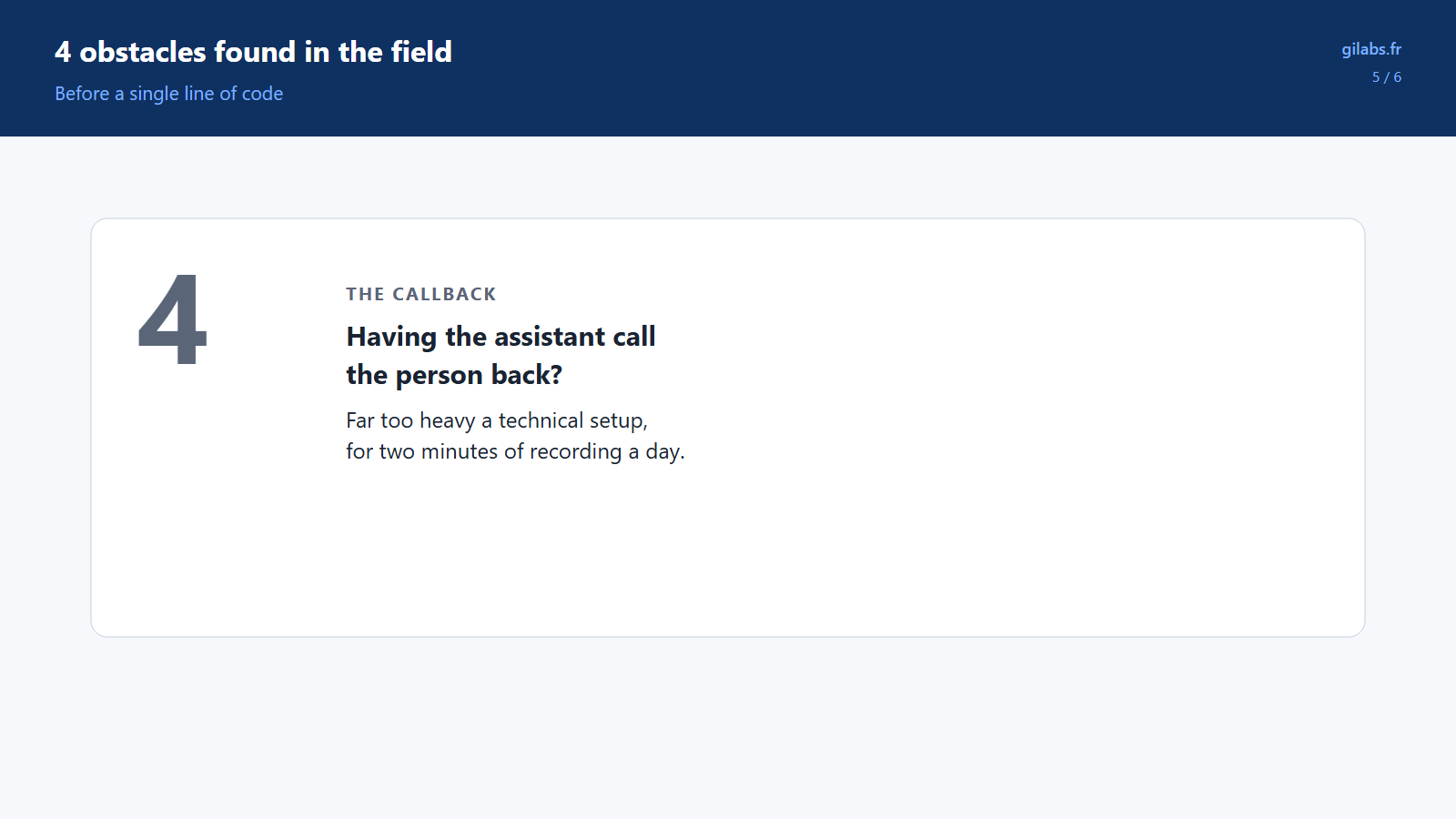 Obstacle 4: having the assistant call back would require a heavy technical setup